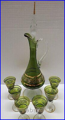 Vintage 8 Piece Italian Blown Glass Decanter & Cordial Glasses Set Green withGold