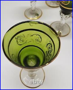 Vintage 8 Piece Italian Blown Glass Decanter & Cordial Glasses Set Green withGold