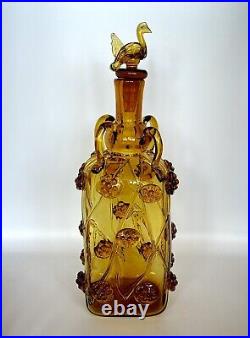 Vintage Amber Art Glass Decanter Bird Swan Stopper Flowers Prunts Possibly Spain