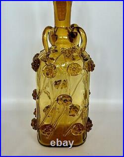 Vintage Amber Art Glass Decanter Bird Swan Stopper Flowers Prunts Possibly Spain