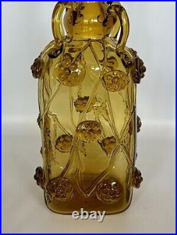 Vintage Amber Art Glass Decanter Bird Swan Stopper Flowers Prunts Possibly Spain