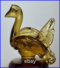 Vintage Amber Art Glass Decanter Bird Swan Stopper Flowers Prunts Possibly Spain