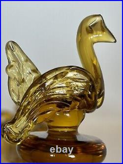 Vintage Amber Art Glass Decanter Bird Swan Stopper Flowers Prunts Possibly Spain