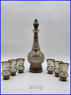 Vintage Amber Bohemia Crystal Decanter Set 6 Glasses Gold Trim Czechoslovkia New