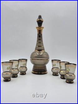 Vintage Amber Bohemia Crystal Decanter Set 6 Glasses Gold Trim Czechoslovkia New