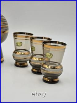 Vintage Amber Bohemia Crystal Decanter Set 6 Glasses Gold Trim Czechoslovkia New