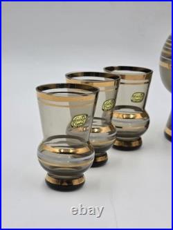 Vintage Amber Bohemia Crystal Decanter Set 6 Glasses Gold Trim Czechoslovkia New