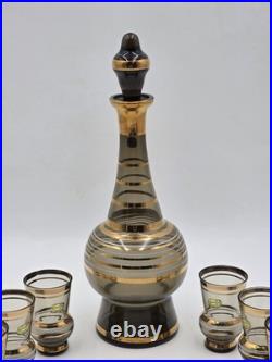 Vintage Amber Bohemia Crystal Decanter Set 6 Glasses Gold Trim Czechoslovkia New