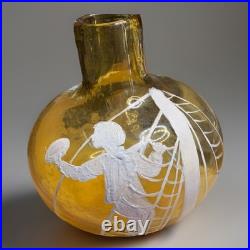Vintage Amber Glass DECANTER MID CENTURY MARY GREGORY Style, Boy On Ship, Whale