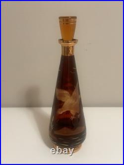 Vintage Amber Glass Decanter Etched Eagle Gold Trim Stopper 12 Mid Century