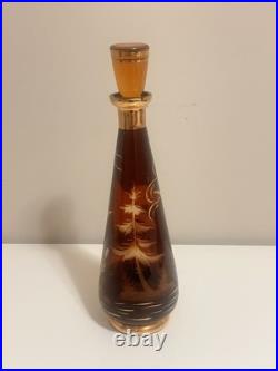 Vintage Amber Glass Decanter Etched Eagle Gold Trim Stopper 12 Mid Century