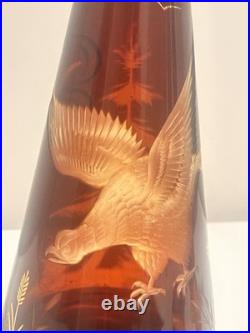 Vintage Amber Glass Decanter Etched Eagle Gold Trim Stopper 12 Mid Century
