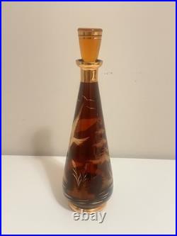Vintage Amber Glass Decanter Etched Eagle Gold Trim Stopper 12 Mid Century