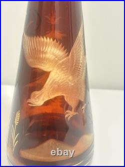 Vintage Amber Glass Decanter Etched Eagle Gold Trim Stopper 12 Mid Century