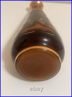 Vintage Amber Glass Decanter Etched Eagle Gold Trim Stopper 12 Mid Century