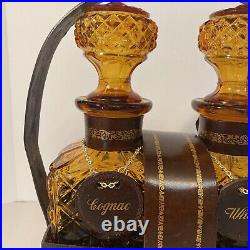 Vintage Amber Glass Diamond Cut Decanter Set Leather Caddy Excellent Italy