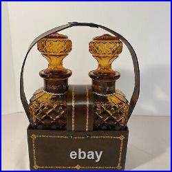 Vintage Amber Glass Diamond Cut Decanter Set Leather Caddy Excellent Italy