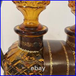 Vintage Amber Glass Diamond Cut Decanter Set Leather Caddy Excellent Italy