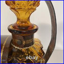 Vintage Amber Glass Diamond Cut Decanter Set Leather Caddy Excellent Italy