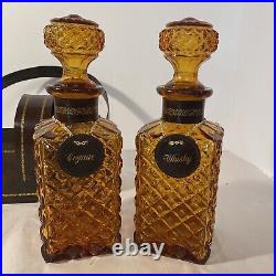 Vintage Amber Glass Diamond Cut Decanter Set Leather Caddy Excellent Italy