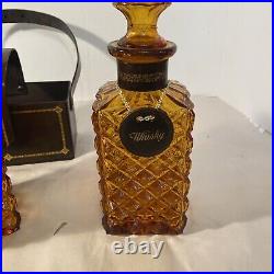 Vintage Amber Glass Diamond Cut Decanter Set Leather Caddy Excellent Italy