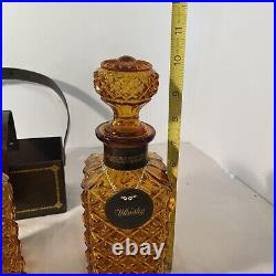 Vintage Amber Glass Diamond Cut Decanter Set Leather Caddy Excellent Italy