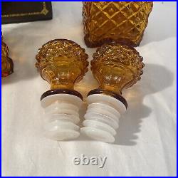 Vintage Amber Glass Diamond Cut Decanter Set Leather Caddy Excellent Italy