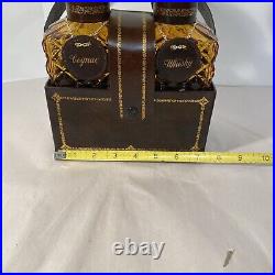 Vintage Amber Glass Diamond Cut Decanter Set Leather Caddy Excellent Italy