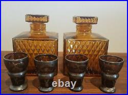 Vintage Amber Glass Liquor Decanter Set In Wood Tantalus Treasure Chest Box