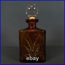Vintage Amber Glass Whiskey Decanter Square Crystal Ball Stopper Star Cut 7