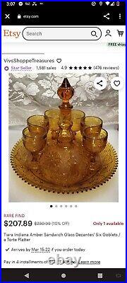 Vintage Amber Glass Wine Decanter With 8 Glasses And Tray