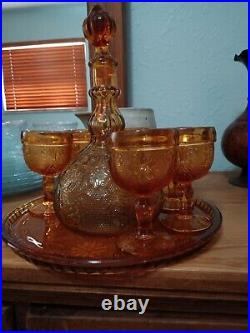 Vintage Amber Glass Wine Decanter With 8 Glasses And Tray