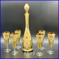 Vintage Amber Golden Decanter Set with 6 Gold Guilted Flutes Made In Italy