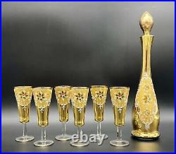 Vintage Amber Golden Decanter Set with 6 Gold Guilted Flutes Made In Italy