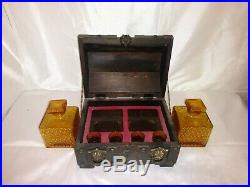 Vintage Amber Whiskey Decanter & Shot Glass Studded Treasure Chest Bar-Ware Set