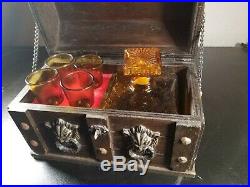 Vintage Amber Whiskey Decanter & Shot Glass Studded Treasure Chest Set