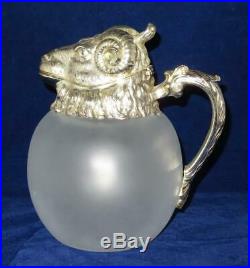Vintage American Camphor Frosted Glass Decanter with Silverplate Rams Head
