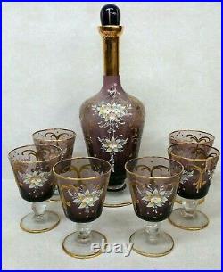 Vintage Amethyst Enameled Glass Decanter and 6 Liquor Cups