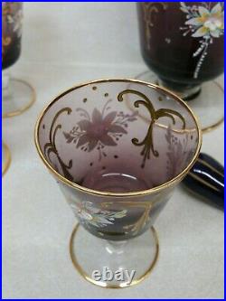 Vintage Amethyst Enameled Glass Decanter and 6 Liquor Cups