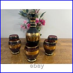 Vintage Amethyst Glass Decanter Set Gold Band Barware Cordial Glasses MCM Bar