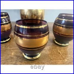 Vintage Amethyst Glass Decanter Set Gold Band Barware Cordial Glasses MCM Bar