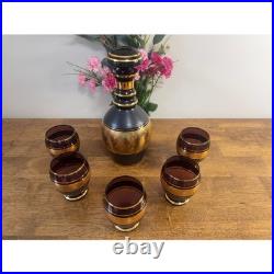 Vintage Amethyst Glass Decanter Set Gold Band Barware Cordial Glasses MCM Bar