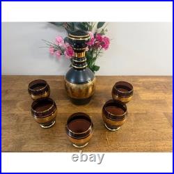 Vintage Amethyst Glass Decanter Set Gold Band Barware Cordial Glasses MCM Bar