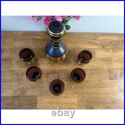 Vintage Amethyst Glass Decanter Set Gold Band Barware Cordial Glasses MCM Bar