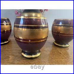 Vintage Amethyst Glass Decanter Set Gold Band Barware Cordial Glasses MCM Bar