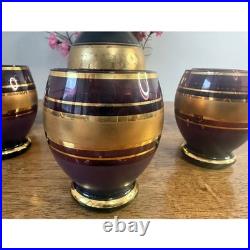 Vintage Amethyst Glass Decanter Set Gold Band Barware Cordial Glasses MCM Bar Vintage Amethyst Glass Decanter Set Gold Band Barware Cordial Glasses MCM Bar