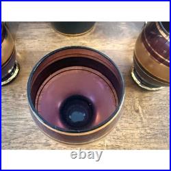 Vintage Amethyst Glass Decanter Set Gold Band Barware Cordial Glasses MCM Bar