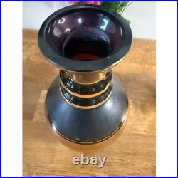 Vintage Amethyst Glass Decanter Set Gold Band Barware Cordial Glasses MCM Bar