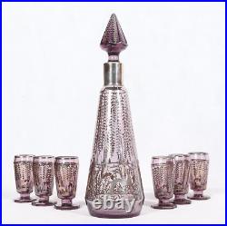 Vintage Amethyst Silver Overlay Glass Decanter Set With 6 Shot Glasses