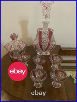 Vintage Anna Hutte Germany Lead Crystal Decanter Set Cranberry Flash 7pc